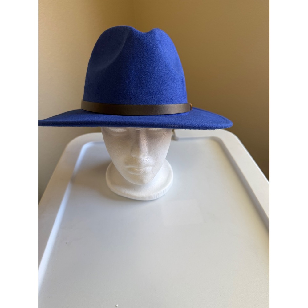 Royal Blue Wide Brim Fedora Hat with Brown Faux Leather Band Gold Hardware